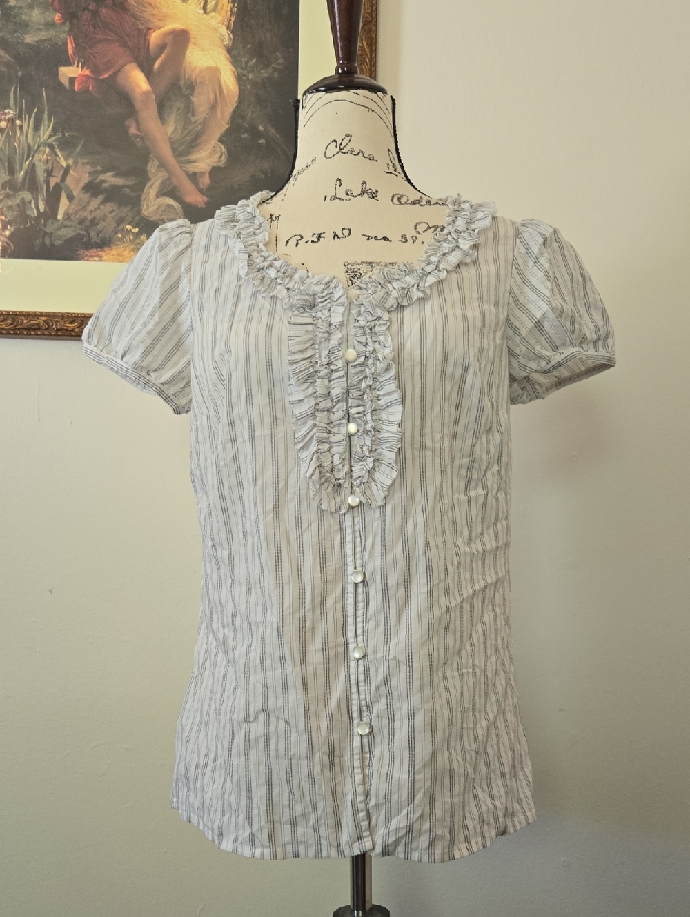LOFT  Gray & White Striped Ruffle Button-Front Blouse